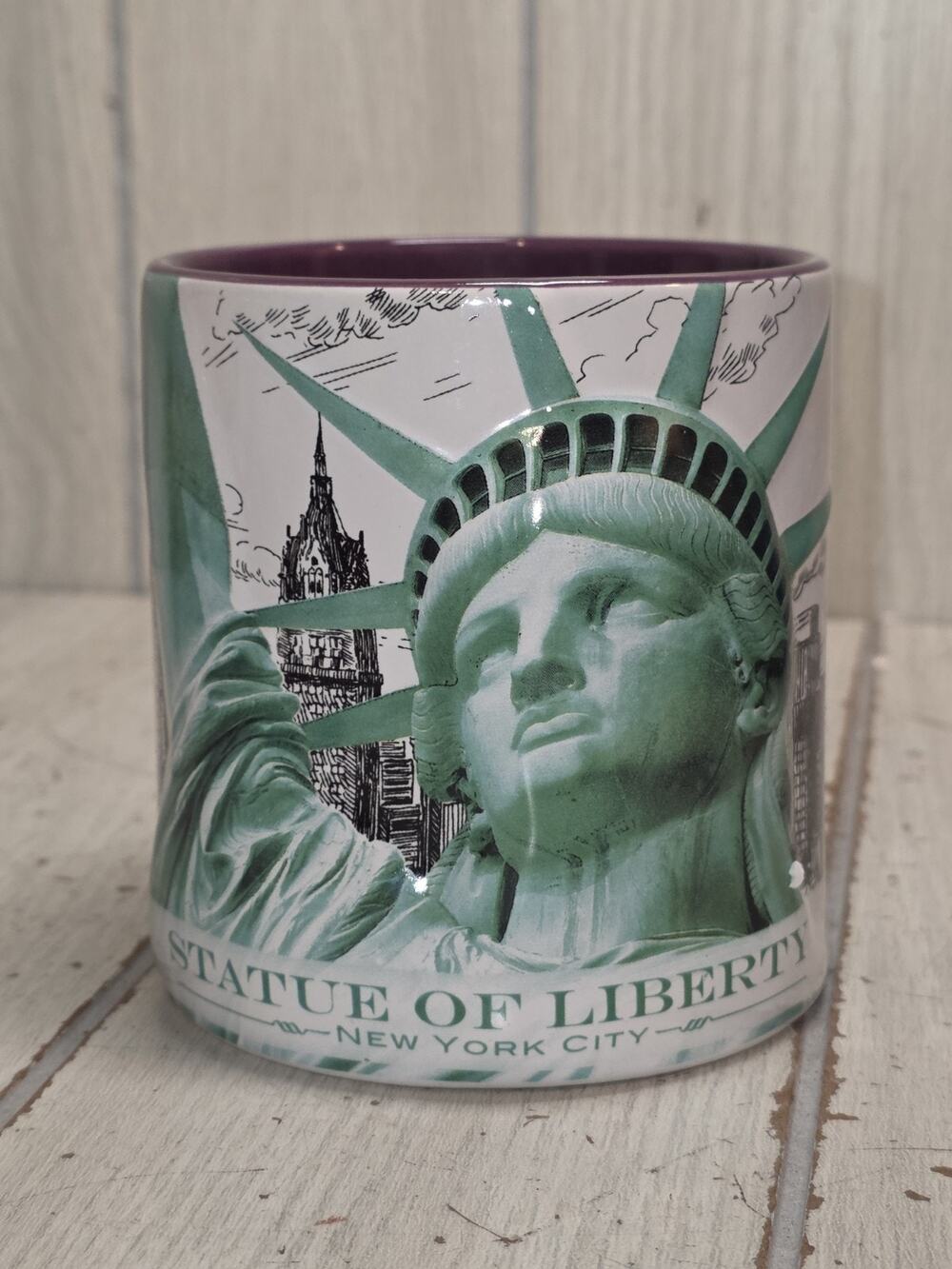 New York City Statue of Liberty Coffee Mug NYC Skyline Ceramic Cup Purple Inside